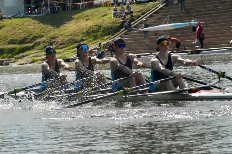 The Monmouth Comprehensive Boys U18 quad scull race for the line. Photo Oarstruck.