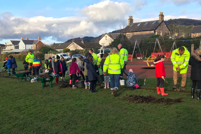 the Grounds Maintenance Team with pupils from Cantref School