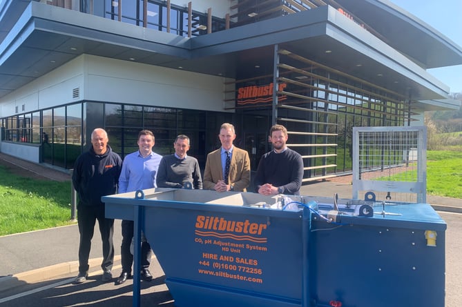 David James, head of operations; James Tucker, business development manager (construction); Rich Matthews, managing director; David Davies MP; and Lewys Rowles, sales director, at Siltbuster HQ in Kingswood Gate, Monmouth. 