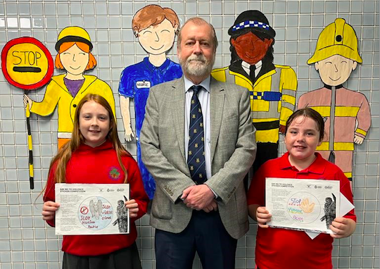 Runner up Frankie Parkin (left), PCC Jeff Cuthbert, winner Ellie Mae Edwards (right) ​