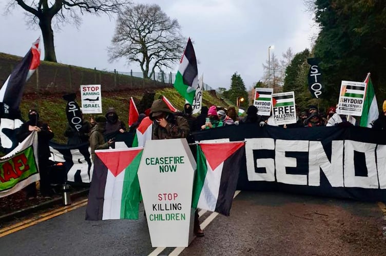 Protestors blockaded the entrance to the Glascoed munitions factory