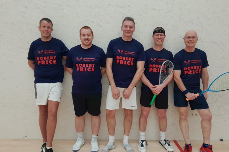 Abergavenny Squash Club B team (from left) Dan Weare, Mitchell Lawrence, Carl Whiteman, Gareth Richards and Mike Logan.  Mike