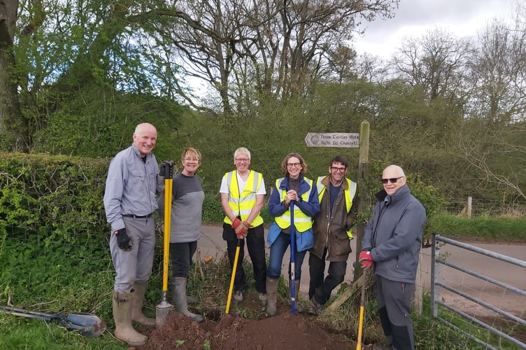 Ramblers Cymru group with Andrew Stumpf with Cllr Su McConnel and Catherine in Grosmont on Three Castle Walk 