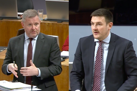 Health Minister Jeremy Miles MS (left) and Shadow Health Secretary James Evans MS (right) in the Senedd yesterday