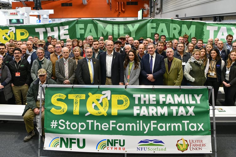 NFU President Tom Bradshaw and delegates at Lamma Show, NEC, Birmingham, United Kingdom on Wednesday, January 15, 2025. Lamma delegates showing support for the Stop The Family Farm Tax campaign.
Credit: Simon Hadley / NFU
15/01/2025