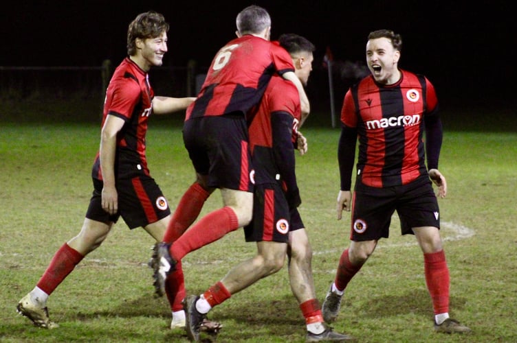 Goytre players celebrate Jamie Bird's goal