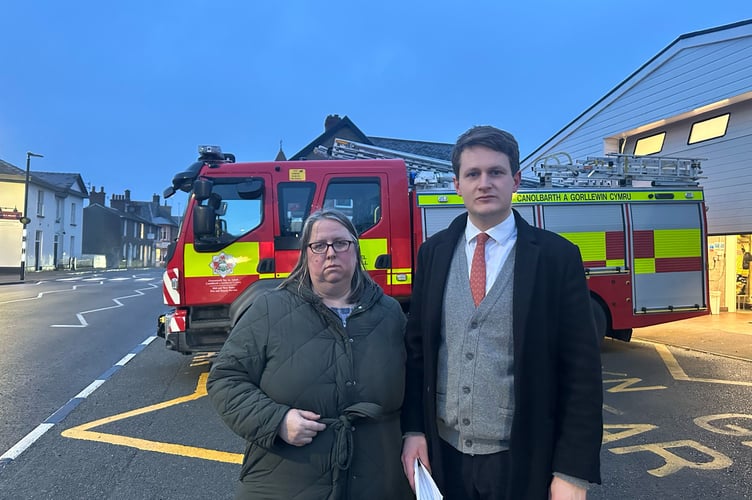 Cllr Claire Hall and David Chadwick outside Crickhowell Fire Station